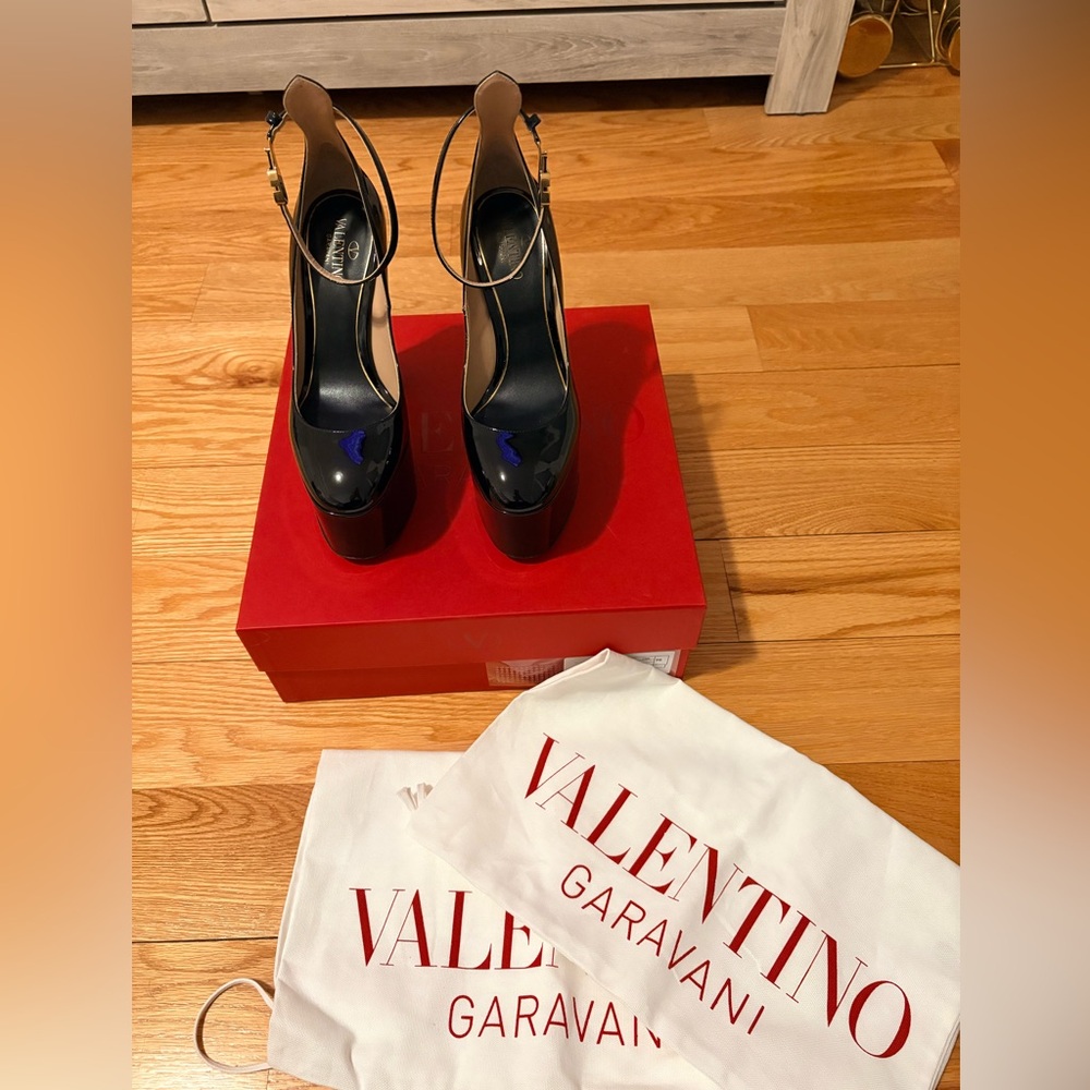 Valentino Black Patent Platform Pumps with Ankle Strap and Gold Buckle